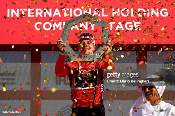 Remco Evenepoel of Belgium and Team Soudal Quick-Step - Red Leader Jersey celebrates at podium as final overall race winner during the 5th UAE Tour...