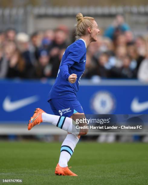Sophie Ingle of Chelsea celebrates after scoring her team's first goal during the Vitality Women's FA Cup Fifth Round match between Chelsea and...