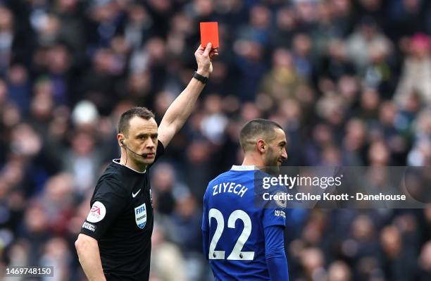 Hakim Ziyech of Chelsea FC is awarded a red card during the Premier League match between Tottenham Hotspur and Chelsea FC at Tottenham Hotspur...