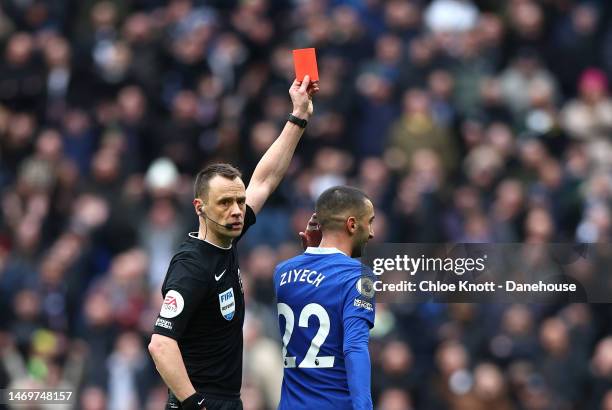 Hakim Ziyech of Chelsea FC is awarded a red card during the Premier League match between Tottenham Hotspur and Chelsea FC at Tottenham Hotspur...