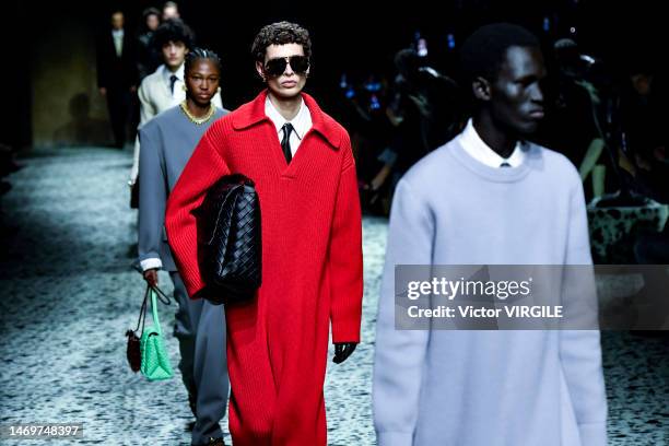 Model walks the runway during the Bottega Veneta Ready to Wear Fall/Winter 2023-2024 fashion show as part of the Milan Fashion Week on February 25,...