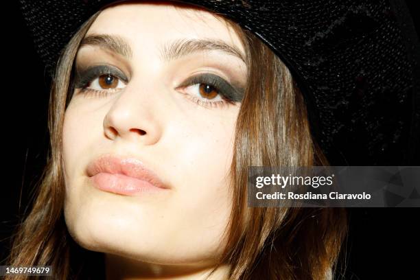 Model, make up detail, poses backstage at the Philipp Plein fashion show during the Milan Fashion Week Womenswear Fall/Winter 2023/2024 on February...