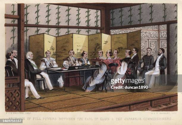james bruce the earl of elgin meeting the japanese commissioners, anglo-japanese treaty of amity and commerce, 1858 - lord elgin stock illustrations