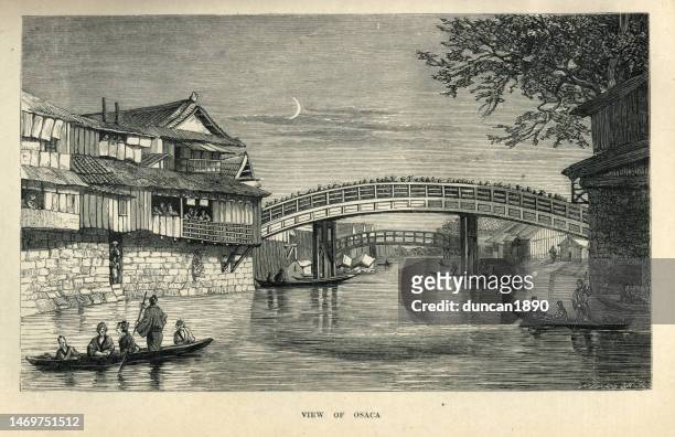 view of osaka, japan in the 19th century, people in boats, bridges, japanese history, vintage art - arch bridge stock illustrations