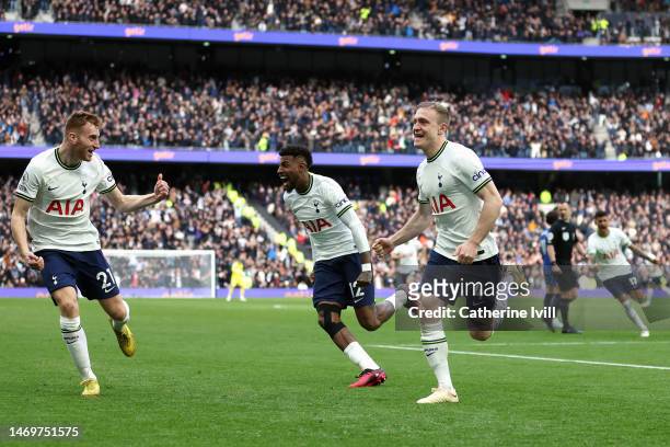 Oliver Skipp of Tottenham Hotspur celebrates after scoring the team's first goal during the Premier League match between Tottenham Hotspur and...