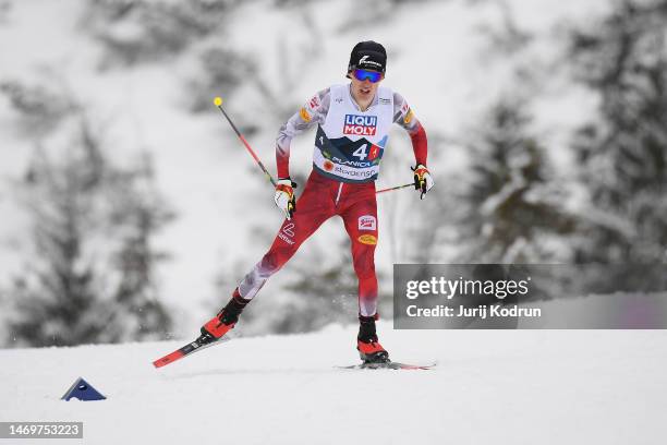 Stefan Rettenegger of Team Austria competes during the 4x5km leg of the Mixed Team Nordic Combined at the FIS Nordic World Ski Championships Planica...