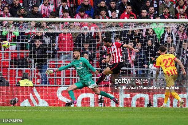 Raul Garcia of Athletic Club scores the team's second goal past Paulo Gazzaniga of Girona FC during the LaLiga Santander match between Athletic Club...
