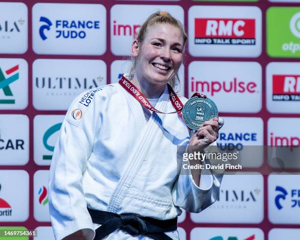 Under 70kg bronze medallist, Kim Polling of the Netherlands gladly shows her medal to the photographers during day 2 of the 2023 Paris Judo Grand...