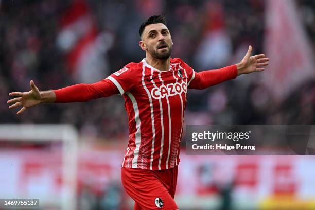 Vincenzo Grifo of Sport-Club Freiburg celebrates after scoring the team's first goal during the Bundesliga match between Sport-Club Freiburg and...