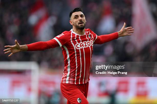 Vincenzo Grifo of Sport-Club Freiburg celebrates after scoring the team's first goal during the Bundesliga match between Sport-Club Freiburg and...