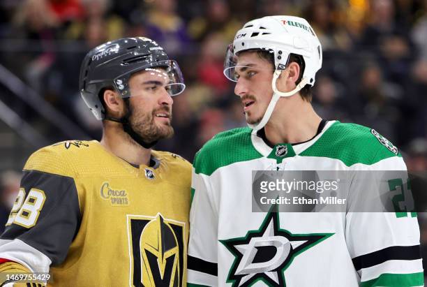 William Carrier of the Vegas Golden Knights and Mason Marchment of the Dallas Stars talk as they wait for a faceoff in the third period of their game...