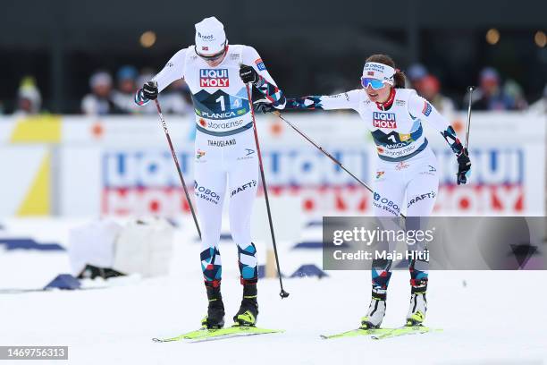 Jarl Magnus Riiber and Gyda Westvold Hansen of Team Norway compete during the 4x5km leg of the Mixed Team Nordic Combined at the FIS Nordic World Ski...