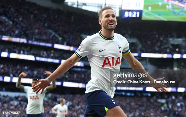 Harry Kane of Tottenham Hotspur celebrates scoring their teams second goal during the Premier League match between Tottenham Hotspur and Chelsea FC...