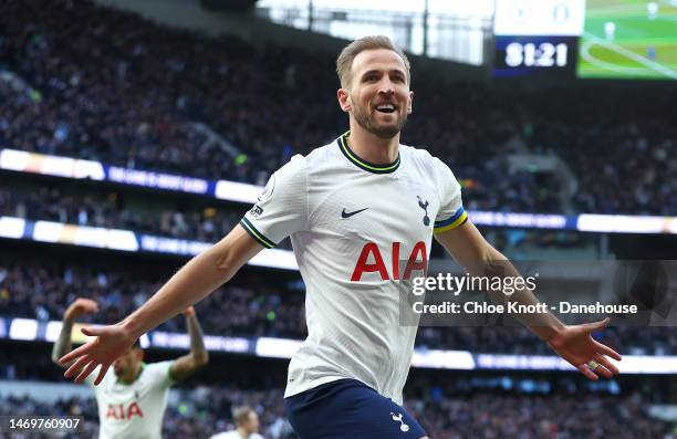 Harry Kane of Tottenham Hotspur celebrates scoring their teams second goal during the Premier League match between Tottenham Hotspur and Chelsea FC...