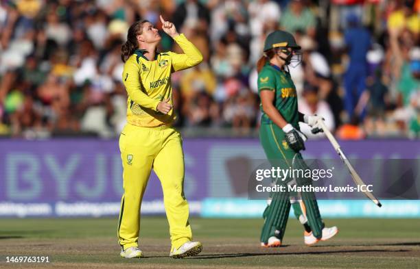 Jess Jonassen of Australia celebrates the wicket of Chloe Tryon of South Africa during the ICC Women's T20 World Cup Final match between Australia...