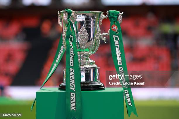 General view of the Carabao Cup trophy prior to the Carabao Cup Final match between Manchester United and Newcastle United at Wembley Stadium on...
