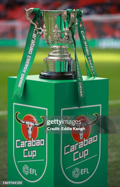 General view of the Carabao Cup trophy prior to the Carabao Cup Final match between Manchester United and Newcastle United at Wembley Stadium on...