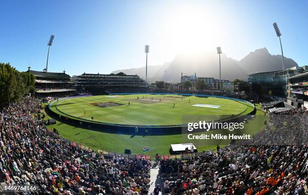 General view of play during the ICC Women's T20 World Cup Final match between Australia and South Africa at Newlands Stadium on February 26, 2023 in...