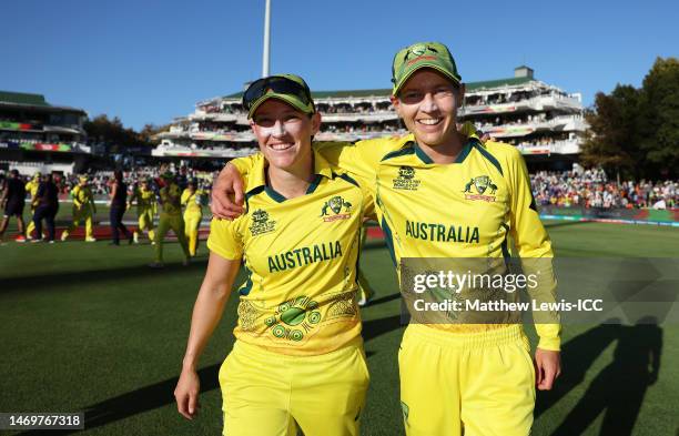 Meg Lanning and Megan Schutt of Australia celebrates after winning the ICC Women's T20 World Cup following the ICC Women's T20 World Cup Final match...