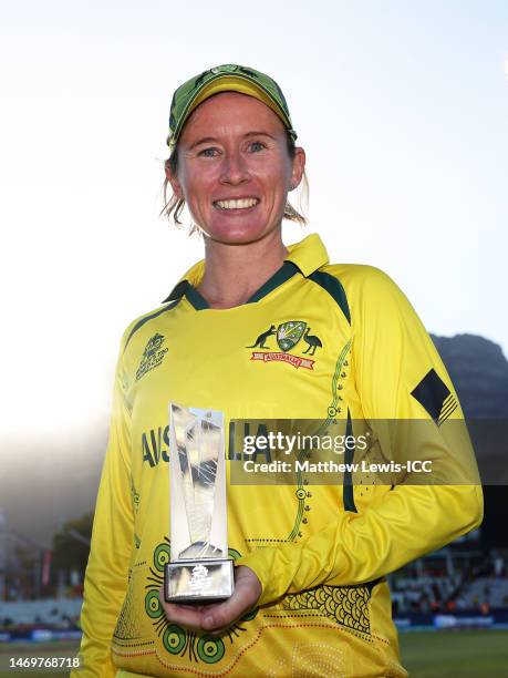 Beth Mooney of Australia poses after being named Player of the Match following the ICC Women's T20 World Cup Final match between Australia and South...