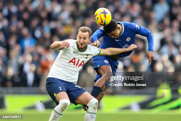 Wesley Fofana of Chelsea heads clear from Harry Kane of Tottenham Hotspur during the Premier League match between Tottenham Hotspur and Chelsea FC at...