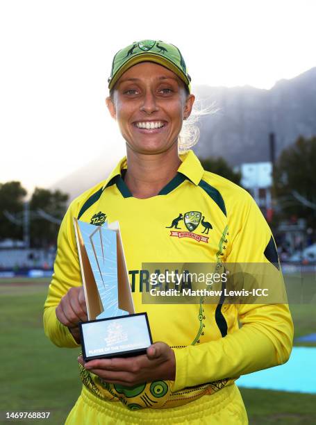 Ashleigh Gardner of Australia poses after being named Player of the Tournament following the ICC Women's T20 World Cup Final match between Australia...