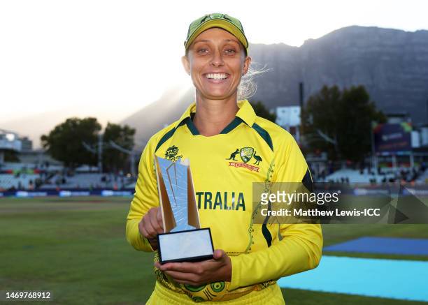 Ashleigh Gardner of Australia poses after being named Player of the Tournament following the ICC Women's T20 World Cup Final match between Australia...