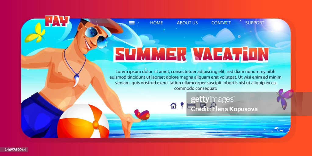 Beach holiday webpage in cartoon style. Male tourist with a ball near the water on a clear sunny summer day.