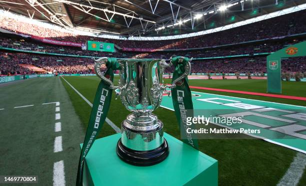 General view of the trophy ahead of the Carabao Cup Final match between Manchester United and Newcastle United at Wembley Stadium on February 26,...