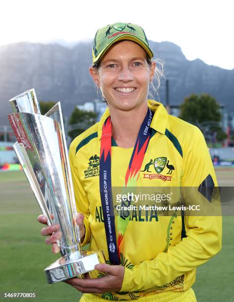 Meg Lanning of Australia lifts the ICC Women's T20 World Cup following the ICC Women's T20 World Cup Final match between Australia and South Africa...