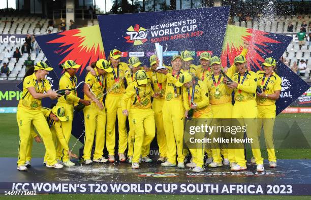 Meg Lanning of Australia lifts the ICC Women's T20 World Cup following the ICC Women's T20 World Cup Final match between Australia and South Africa...