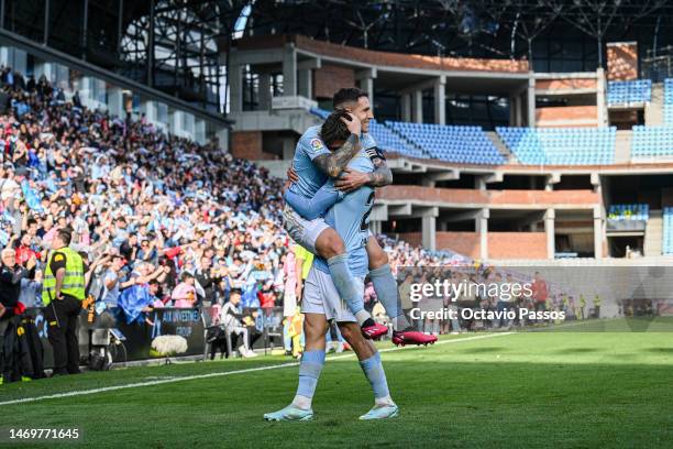 Gabri Veiga of RC Celta celebrates with Hugo Mallo after scores his sides third goal during the LaLiga Santander match between RC Celta and Real...