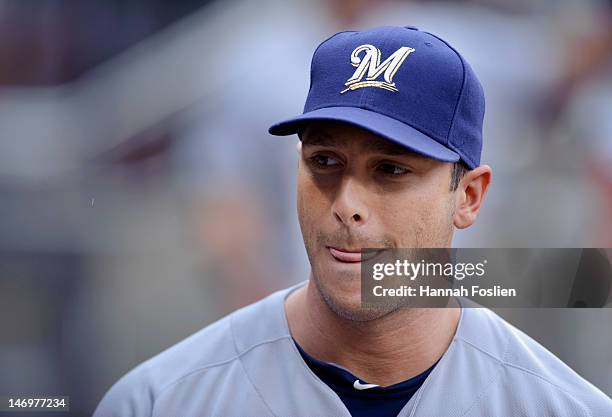 Taylor Green of the Milwaukee Brewers looks on before the game against the Minnesota Twins on June 17, 2012 at Target Field in Minneapolis, Minnesota.