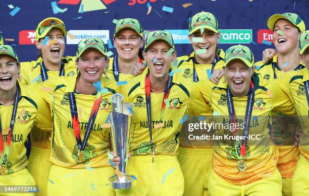 Meg Lanning of Australia lifts the ICC Women's T20 World Cup following the ICC Women's T20 World Cup Final match between Australia and South Africa...