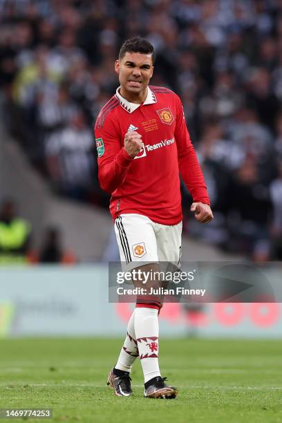 Casemiro of Manchester United celebrates after scoring the team's first goal during the Carabao Cup Final match between Manchester United and...