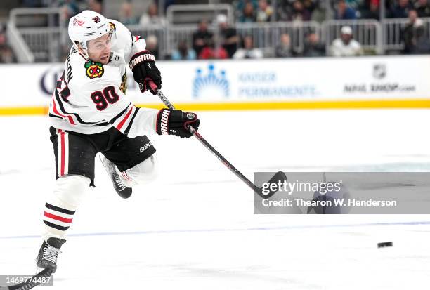 Tyler Johnson of the Chicago Blackhawks shoots on goal against the San Jose Sharks during the first period at SAP Center on February 25, 2023 in San...