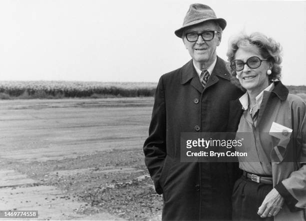 American actor Jimmy Stewart and his wife Gloria Hatrick McLean , Tibenham, Norfolk, UK, circa 1985. They are visiting Tibenham airfield where he was...