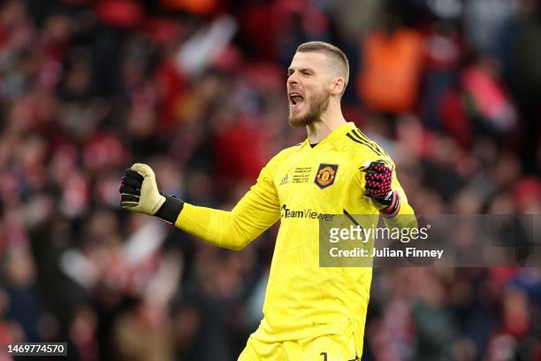 David De Gea of Manchester United celebrates after the team's first goal during the Carabao Cup Final match between Manchester United and Newcastle...