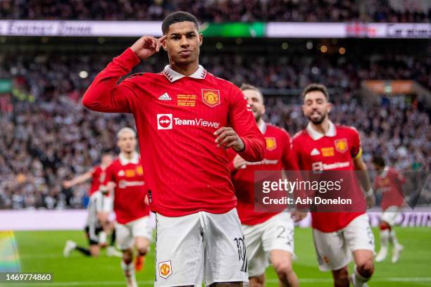 Marcus Rashford of Manchester United celebrates after scoring their sides second goal during the Carabao Cup Final match between Manchester United...