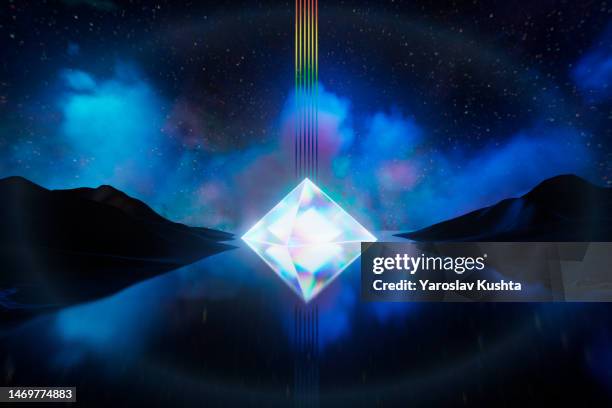 pyramid shape of light glowing at space lights illuminating the seascape 5g. cgi- stock photo - data lake stock pictures, royalty-free photos & images