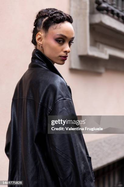 Model is seen wearing colorful make up and wet hairstyle outside the Giorgio Armani show during the Milan Fashion Week Womenswear Fall/Winter...