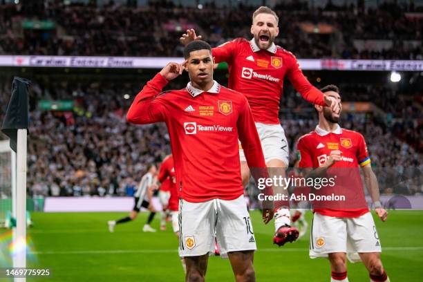 Marcus Rashford of Manchester United celebrates after scoring their sides second goal during the Carabao Cup Final match between Manchester United...