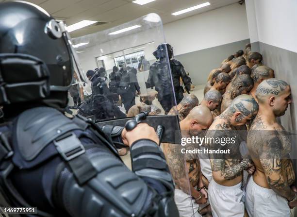 First group of 2,000 detainees are moved to the mega- prison Terrorist Confinement Centre on February 24, 2023 in Tecoluca, El Salvador. Since...