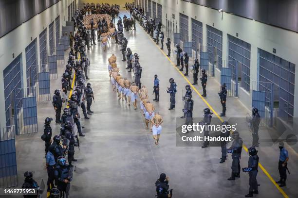 First group of 2,000 detainees are moved to the mega- prison Terrorist Confinement Centre on February 24, 2023 in Tecoluca, El Salvador. Since...