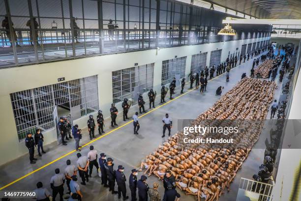 First group of 2,000 detainees are moved to the mega- prison Terrorist Confinement Centre on February 24, 2023 in Tecoluca, El Salvador. Since...