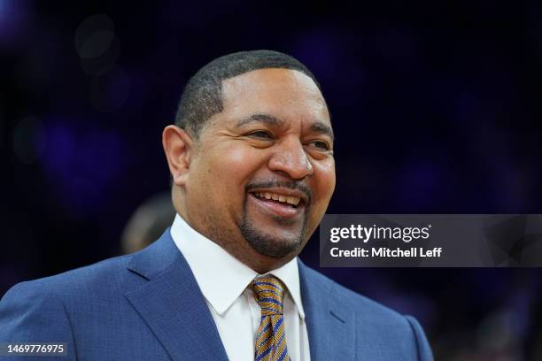 Analyst Mark Jackson smiles prior to the game between the Boston Celtics and Philadelphia 76ers at the Wells Fargo Center on February 25, 2023 in...