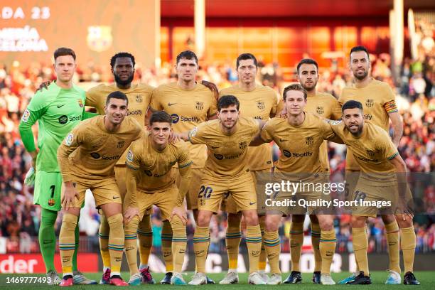 Players of FC Barcelona line up for a team photo prior to the LaLiga Santander match between UD Almeria and FC Barcelona at Power Horse Stadium on...