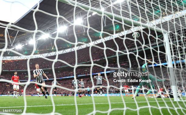 Loris Karius of Newcastle United fails to save the Manchester United second goal scored by Marcus Rashford during the Carabao Cup Final match between...