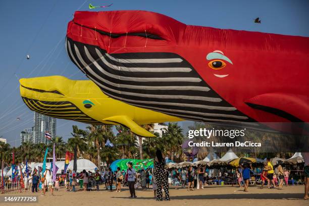 Locals and Tourists pose for photos with giant kites on Central Pattaya Beach on February 26, 2023 in Pattaya, Thailand. Pattaya hosts the...