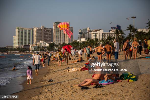 Tourists visit Central Pattaya Beach during the International Kite on the Beach Festival on February 26, 2023 in Pattaya, Thailand. Pattaya hosts the...